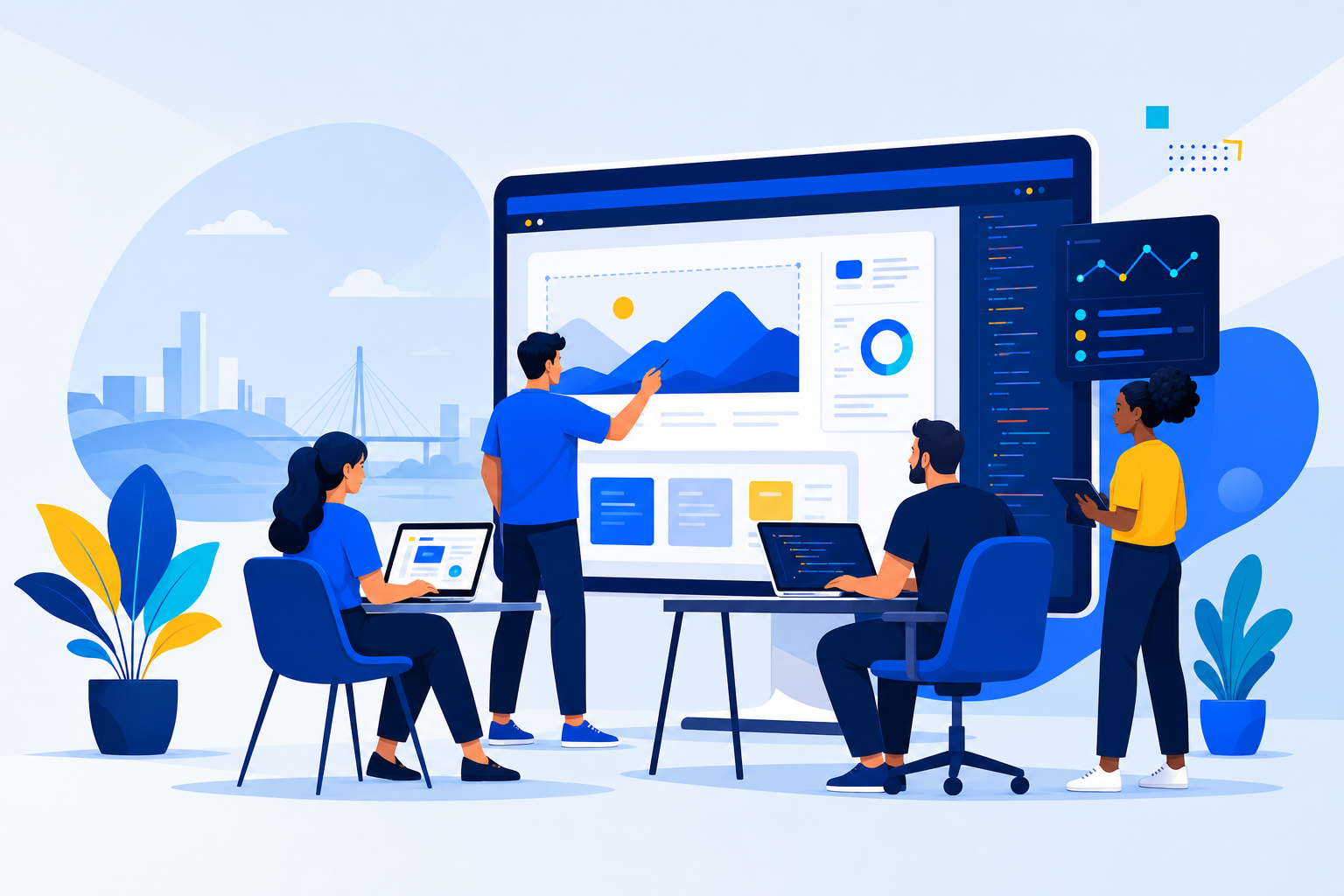 Equipe colaborando na criação de sites e sistemas